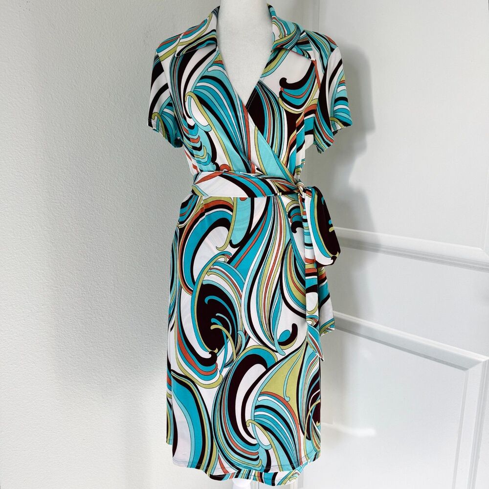 Tiana B. 70's Colorful Green/Brown Abstract Art To Wear Midi Wrap Dress Size M
